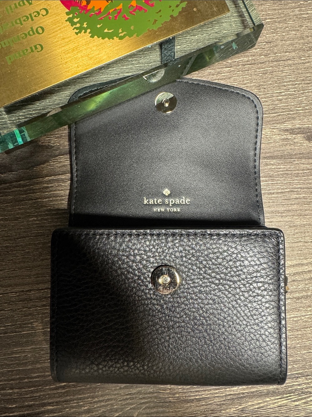 kate spade Black Pebbled Leather Snap Compact Wallet